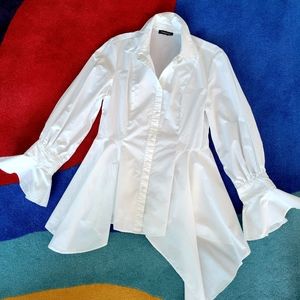 White cotton asymmetrical  hem blouse with full sleeves Sz S